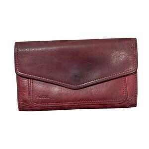FOSSIL LEATHER WALLET CLUTCH BURN RED OUTER ZIPPER CARD HOLDER